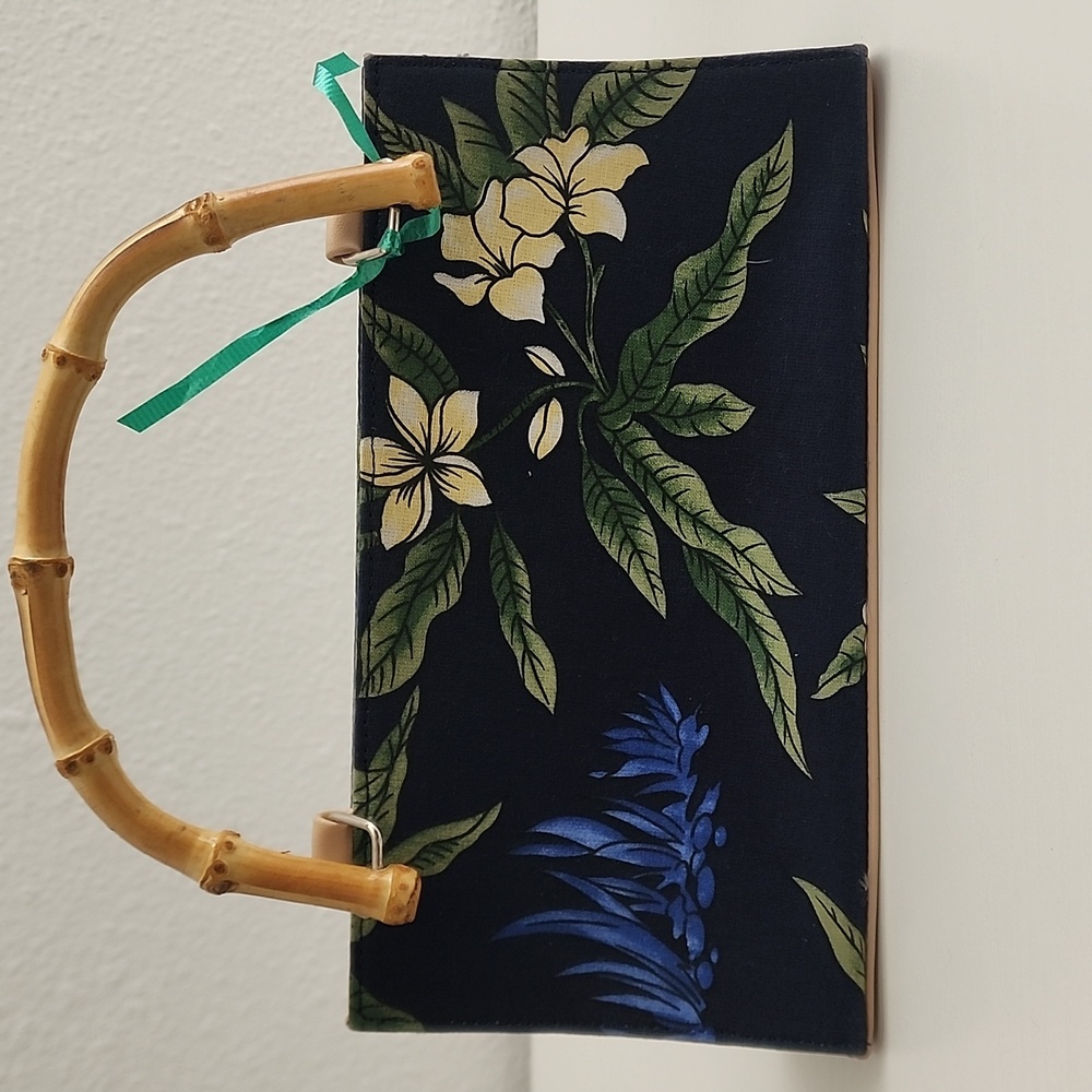 Tropical Print Handbag with Bamboo Handle. (vintage blue car). Never Used. - Picture 2 of 4